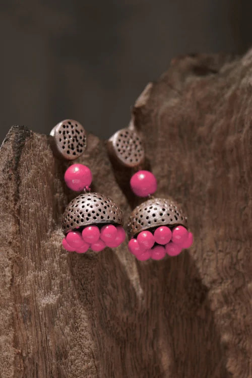 Mridah 'Boho Pop' Handcrafted Terracotta Pink & Silver Jhumka Earring
