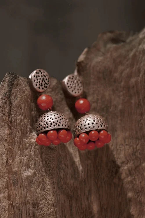 Mridah 'Boho Pop' Handcrafted Terracotta Red & Silver Jhumka Earring