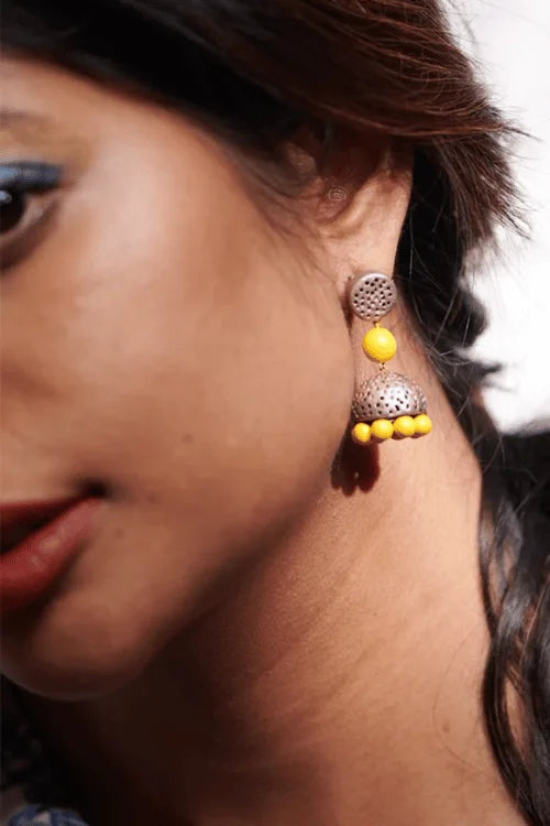 Mridah 'Boho Pop' Handcrafted Terracotta Yellow & Silver Jhumka Earring