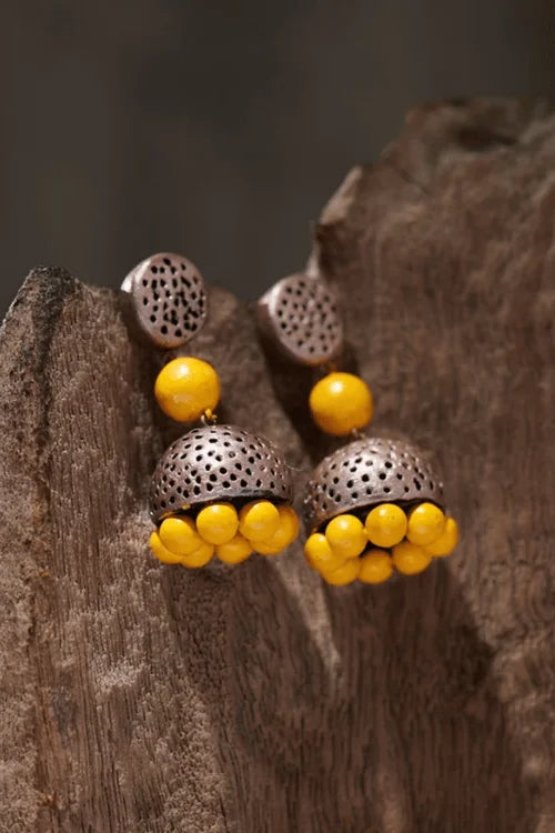 Mridah 'Boho Pop' Handcrafted Terracotta Yellow & Silver Jhumka Earring