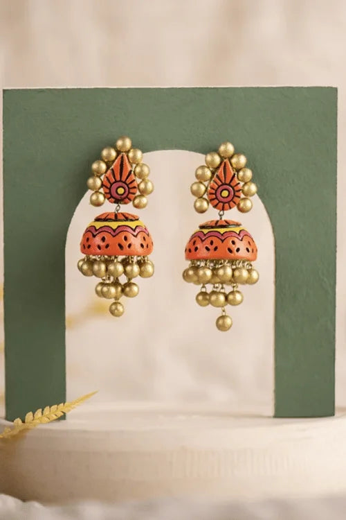 Mridah 'Noor' Handcrafted Terracotta Orange, Yellow & Gold Jhumka Earring