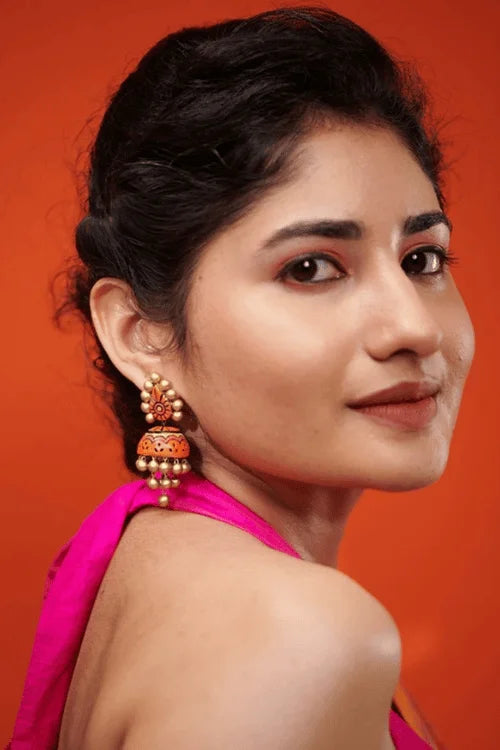 Mridah 'Noor' Handcrafted Terracotta Orange, Yellow & Gold Jhumka Earring