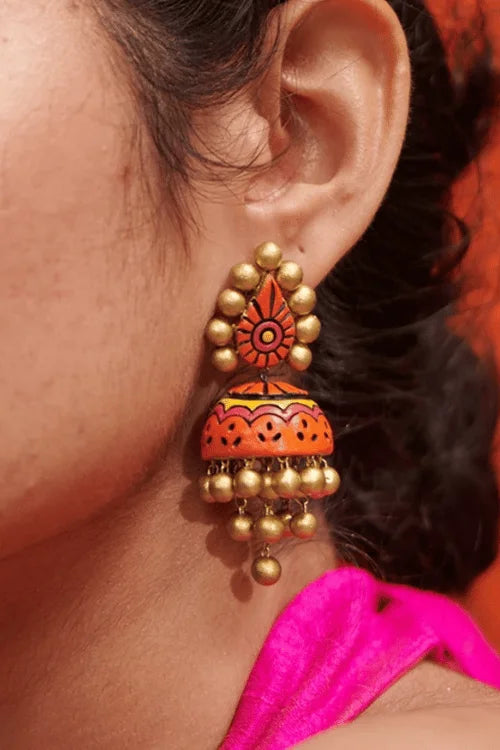Mridah 'Noor' Handcrafted Terracotta Orange, Yellow & Gold Jhumka Earring