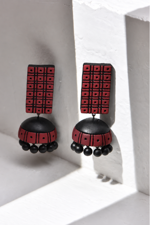 Mridah 'Jhatak' Handcrafted Terracotta Red & Black Jhumka Earring