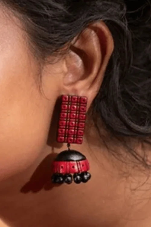 Mridah 'Jhatak' Handcrafted Terracotta Red & Black Jhumka Earring