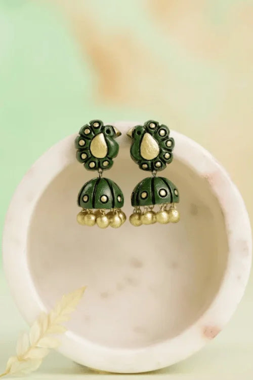 Mridah 'Peacock' Handcrafted Terracotta Sap Green & Gold Jhumka Earring