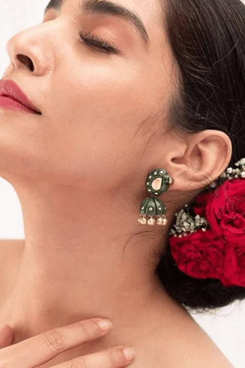 Mridah 'Peacock' Handcrafted Terracotta Sap Green & Gold Jhumka Earring