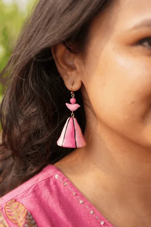 Mridah 'Birdie Bell' Handcrafted Terracotta Bell  Pink Jhumka