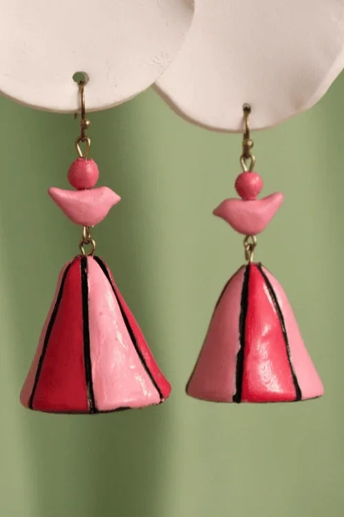 Mridah 'Birdie Bell' Handcrafted Terracotta Bell  Pink Jhumka