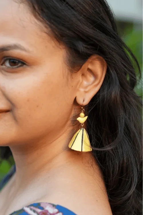 Mridah 'Birdie Bell' Handcrafted Terracotta Bell Yellow Jhumka