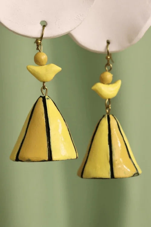 Mridah 'Birdie Bell' Handcrafted Terracotta Bell Yellow Jhumka