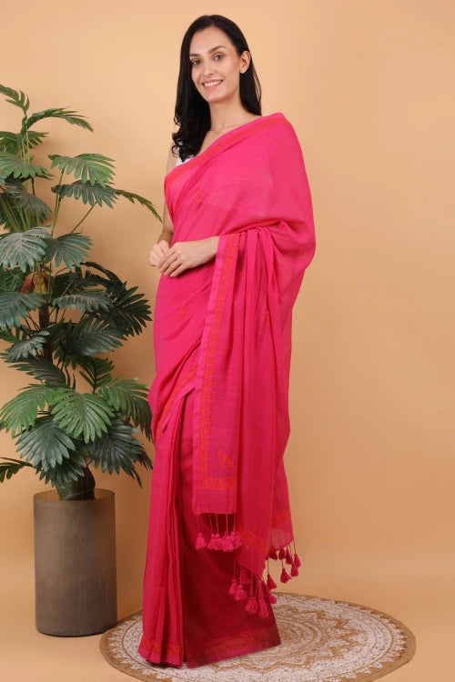 Shwet Women Mgenta Pink Hand Embroidered Chikankari Mulmul Saree