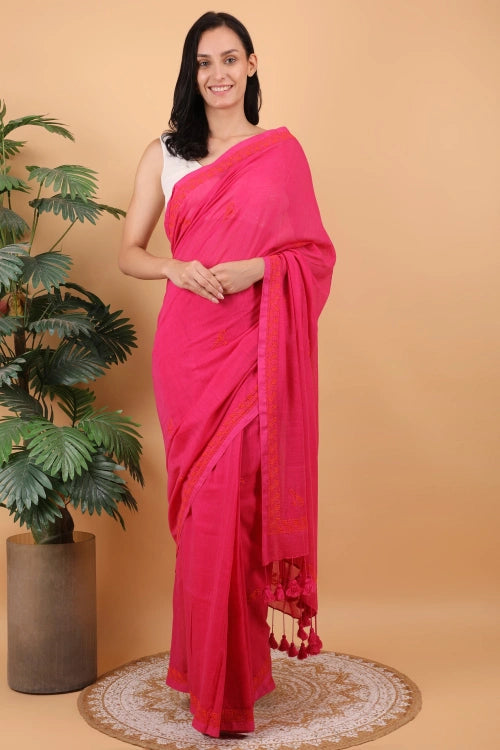 Shwet Women Mgenta Pink Hand Embroidered Chikankari Mulmul Saree