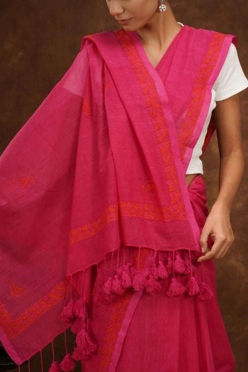 Shwet Women Mgenta Pink Hand Embroidered Chikankari Mulmul Saree