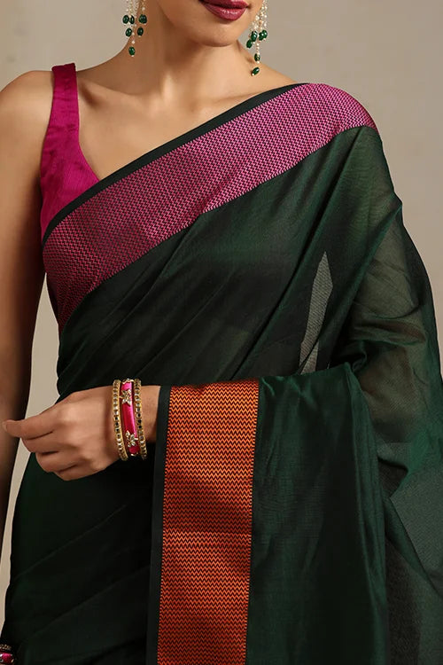 Handweave Maheshwari Handloom Forest Green Silk Cotton Resham Border Tri Coloured Pallu With Ganga Jamuna Border Saree.