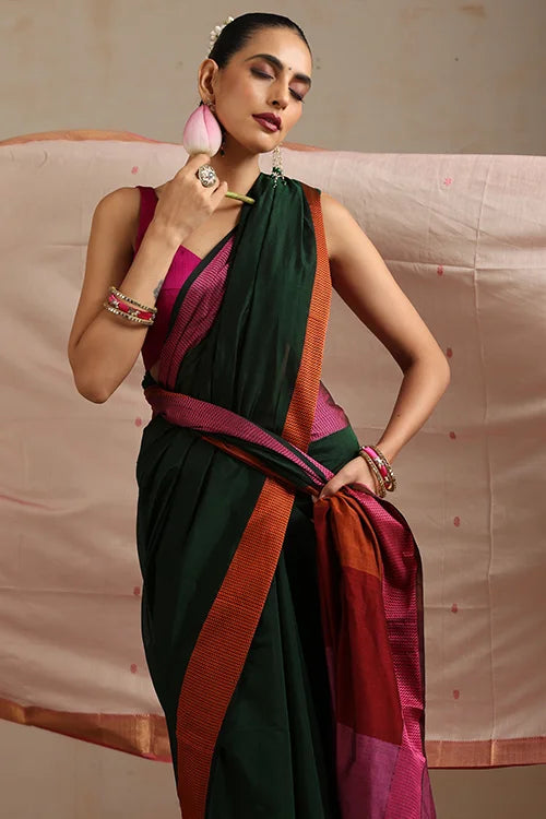 Handweave Maheshwari Handloom Forest Green Silk Cotton Resham Border Tri Coloured Pallu With Ganga Jamuna Border Saree.