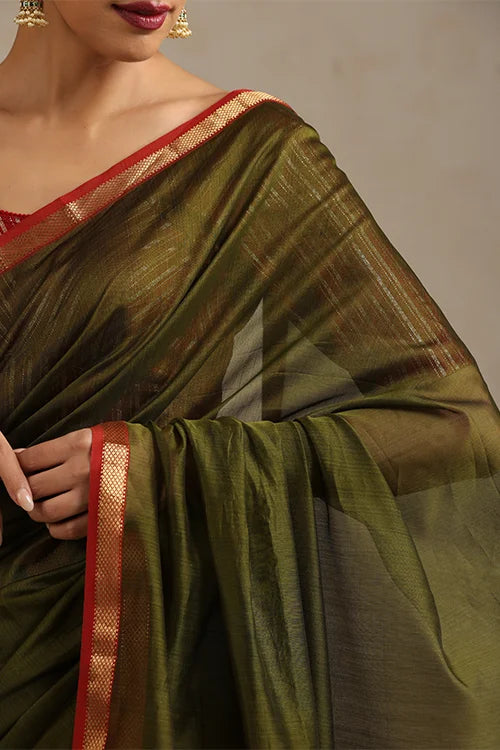 Handweave Maheshwari Handloom Mehendi Silk Cotton Kosa Pallu Saree With Zari Border.