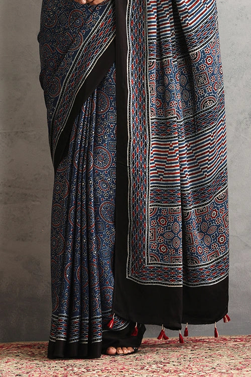 TENAARO  Riyal Motif Indigo Ajrakh Hand Block Printed Modal Silk Saree