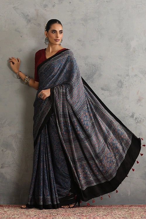 TENAARO  Riyal Motif Indigo Ajrakh Hand Block Printed Modal Silk Saree