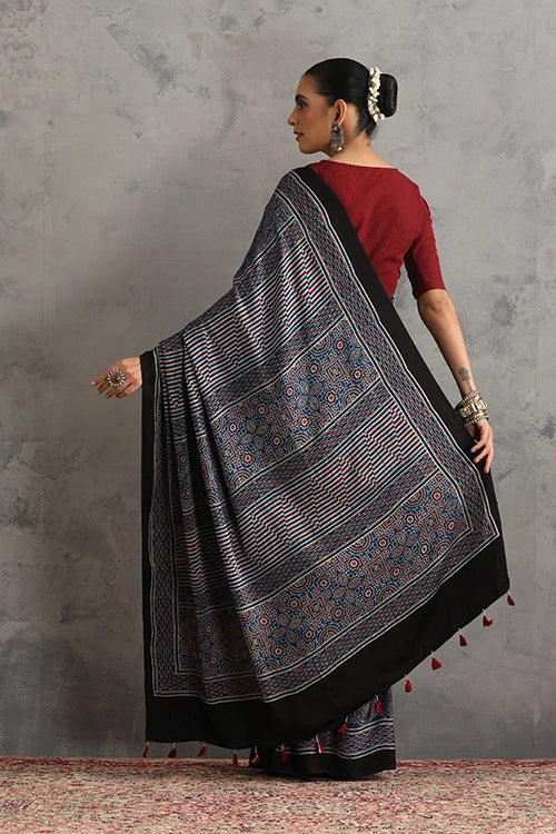 TENAARO  Riyal Motif Indigo Ajrakh Hand Block Printed Modal Silk Saree
