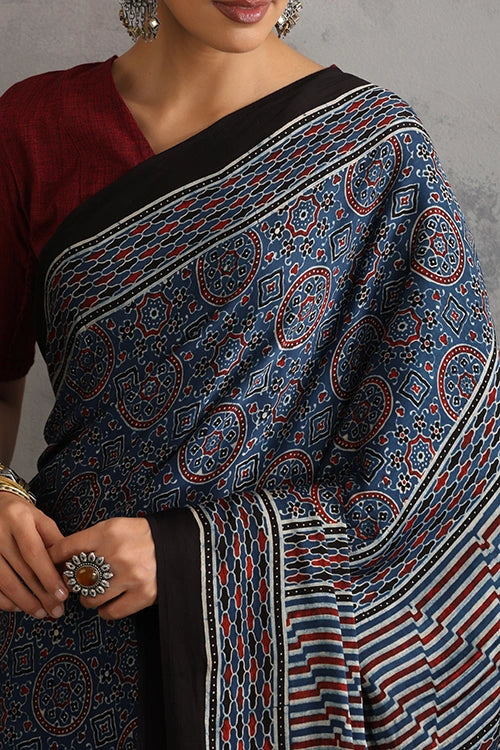 TENAARO  Riyal Motif Indigo Ajrakh Hand Block Printed Modal Silk Saree