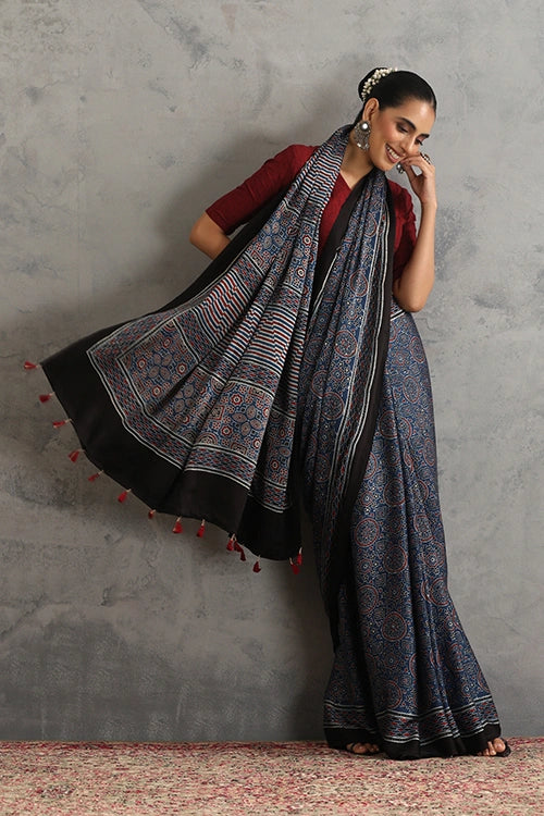 TENAARO  Riyal Motif Indigo Ajrakh Hand Block Printed Modal Silk Saree