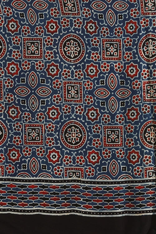 TENAARO  Riyal Motif Indigo Ajrakh Hand Block Printed Modal Silk Saree