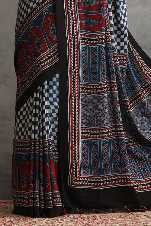 TENAARO  Chex Indigo Ajrakh Hand Block Printed Modal Silk Saree