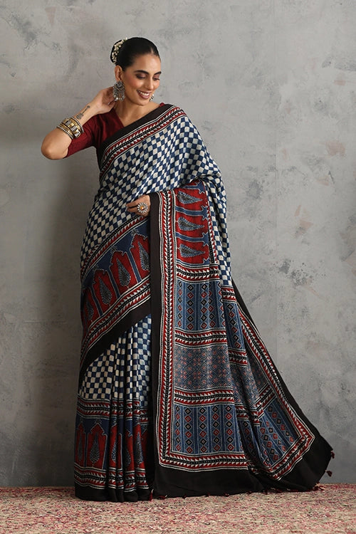 TENAARO  Chex Indigo Ajrakh Hand Block Printed Modal Silk Saree