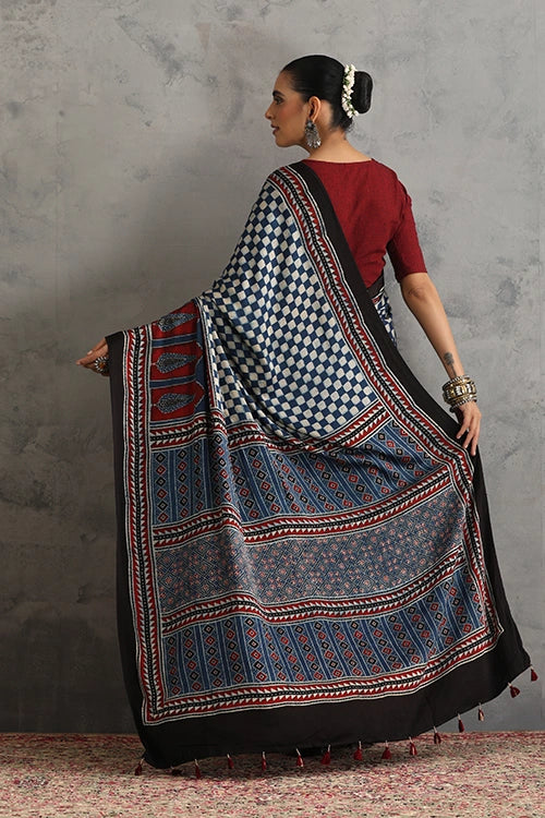 TENAARO  Chex Indigo Ajrakh Hand Block Printed Modal Silk Saree