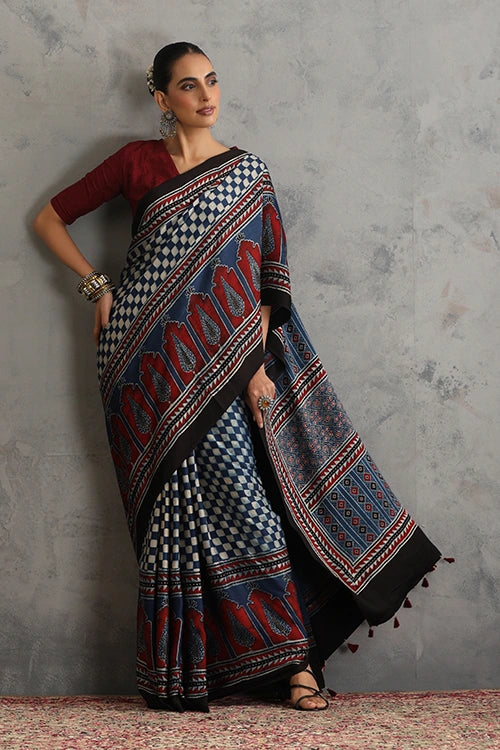 TENAARO  Chex Indigo Ajrakh Hand Block Printed Modal Silk Saree