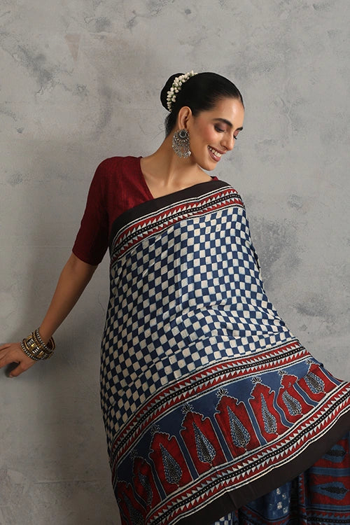 TENAARO  Chex Indigo Ajrakh Hand Block Printed Modal Silk Saree