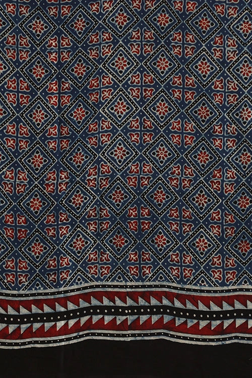 TENAARO  Chex Indigo Ajrakh Hand Block Printed Modal Silk Saree