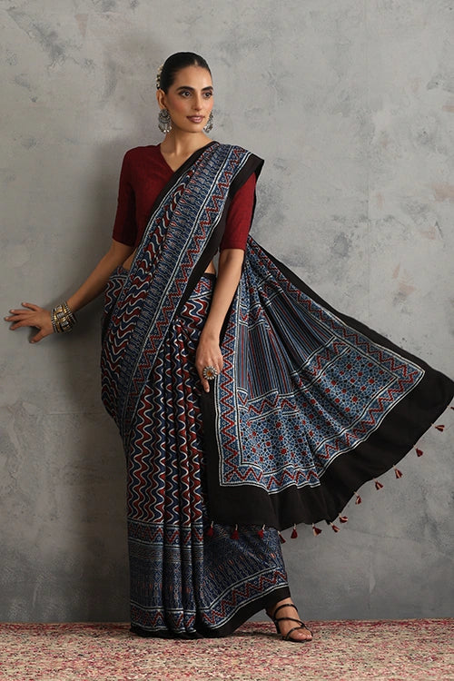 TENAARO  Rythmic Indigo Ajrakh Hand Block Printed Modal Silk Saree