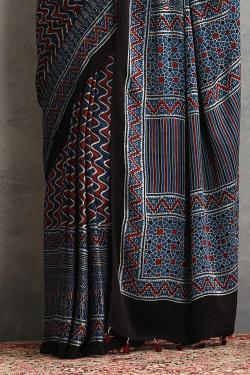 TENAARO  Rythmic Indigo Ajrakh Hand Block Printed Modal Silk Saree