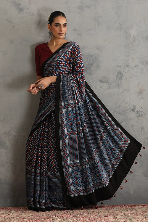 TENAARO  Rythmic Indigo Ajrakh Hand Block Printed Modal Silk Saree