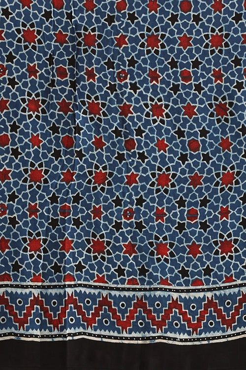TENAARO  Rythmic Indigo Ajrakh Hand Block Printed Modal Silk Saree