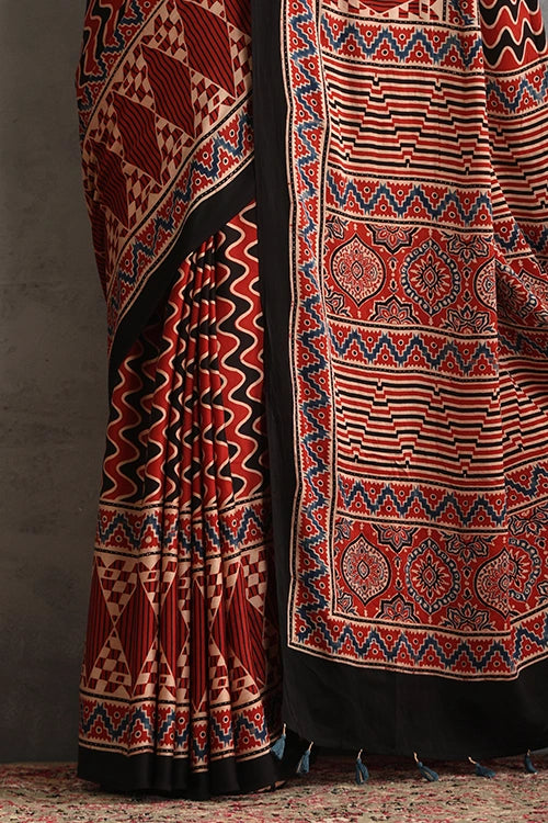 TENAARO  Layered Dramatic Red Ajrakh Hand Block Printed Modal Silk Saree