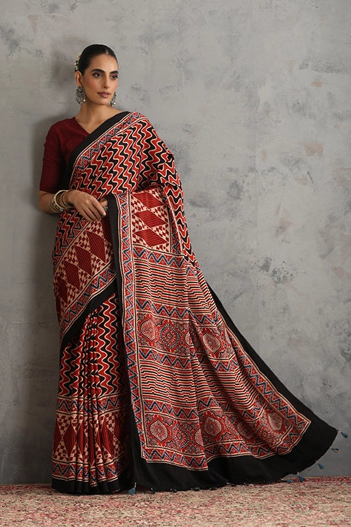 TENAARO  Layered Dramatic Red Ajrakh Hand Block Printed Modal Silk Saree