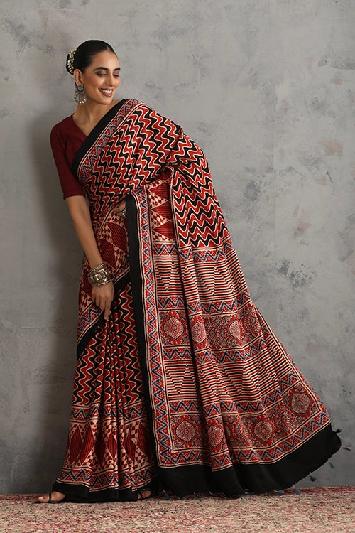TENAARO  Layered Dramatic Red Ajrakh Hand Block Printed Modal Silk Saree