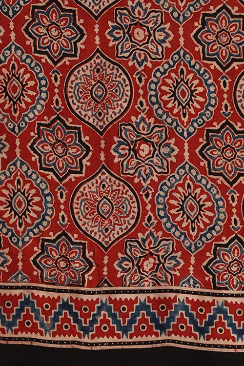 TENAARO  Layered Dramatic Red Ajrakh Hand Block Printed Modal Silk Saree