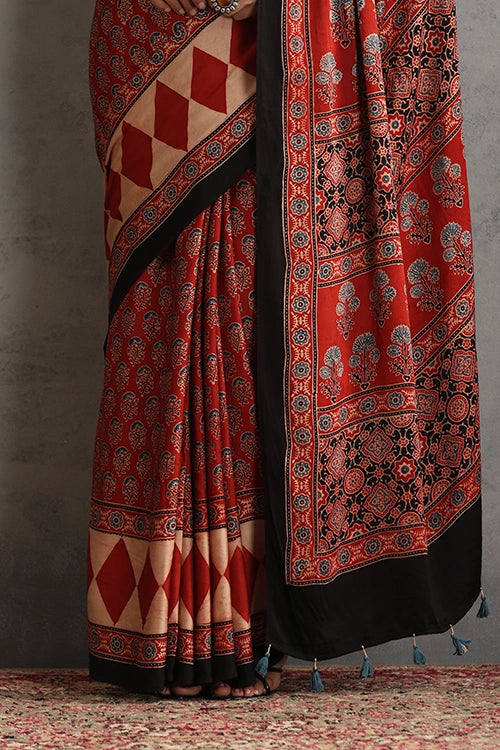 TENAARO  Ornamental Red Ajrakh Hand Block Printed Modal Silk Saree