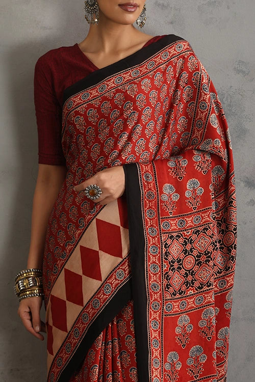 TENAARO  Ornamental Red Ajrakh Hand Block Printed Modal Silk Saree