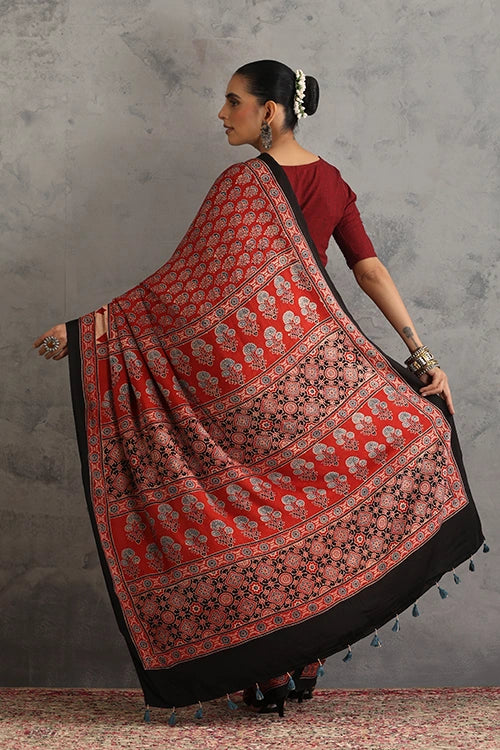 TENAARO  Ornamental Red Ajrakh Hand Block Printed Modal Silk Saree