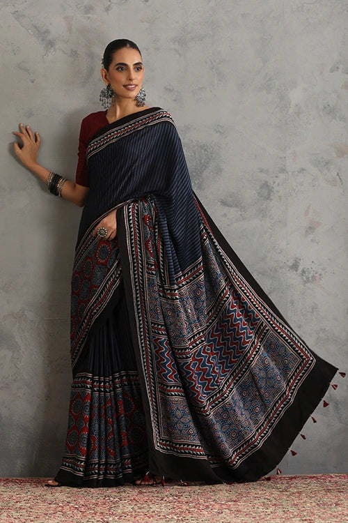 TENAARO Striped Texture Indigo Ajrakh Hand Block Printed Modal Silk Saree