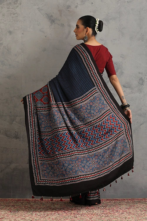 TENAARO Striped Texture Indigo Ajrakh Hand Block Printed Modal Silk Saree