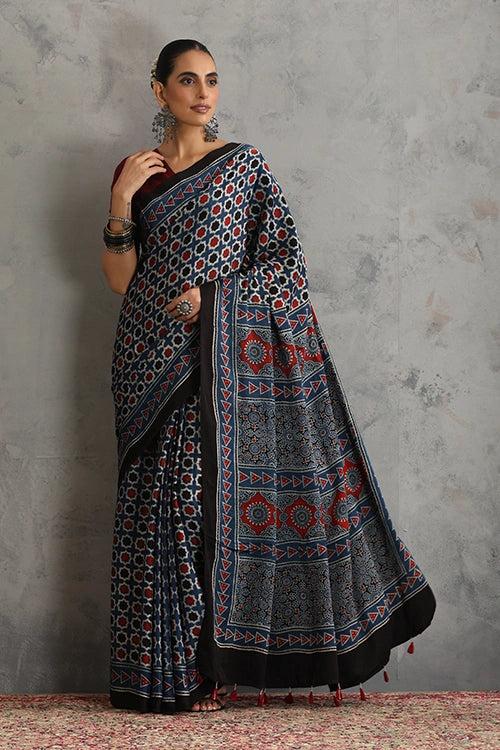 TENAARO Star Indigo Ajrakh Hand Block Printed Modal Silk Saree