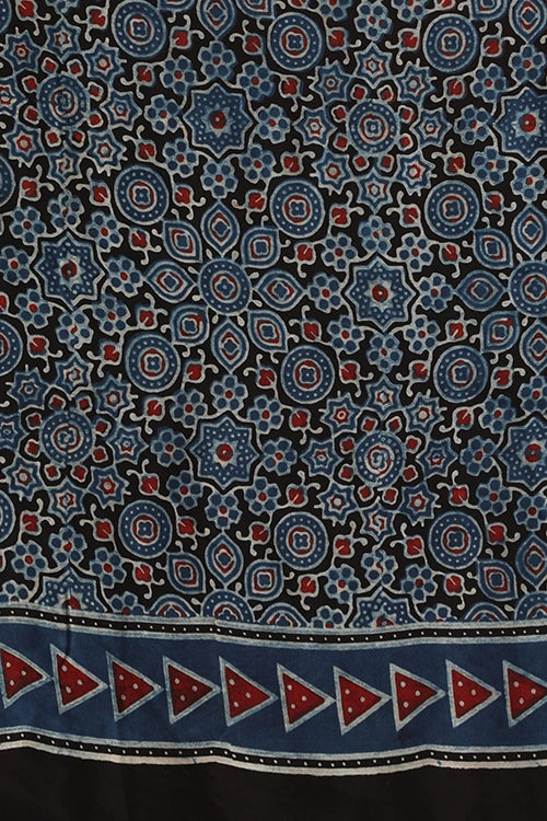 TENAARO Star Indigo Ajrakh Hand Block Printed Modal Silk Saree