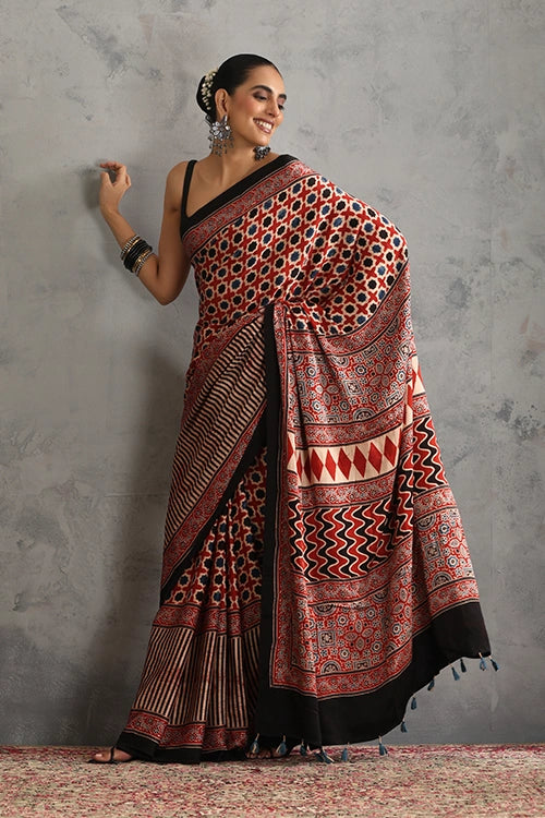 TENAARO  Star Red Ajrakh Hand Block Printed Modal Silk Saree