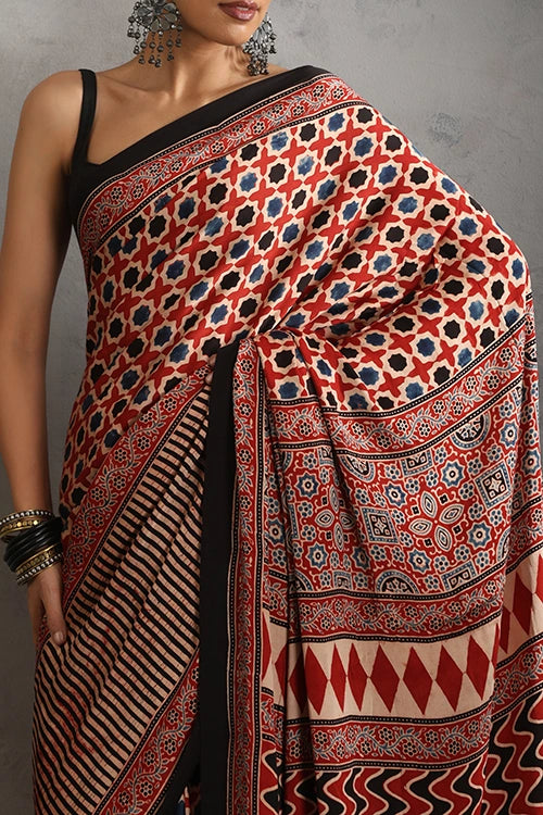 TENAARO  Star Red Ajrakh Hand Block Printed Modal Silk Saree